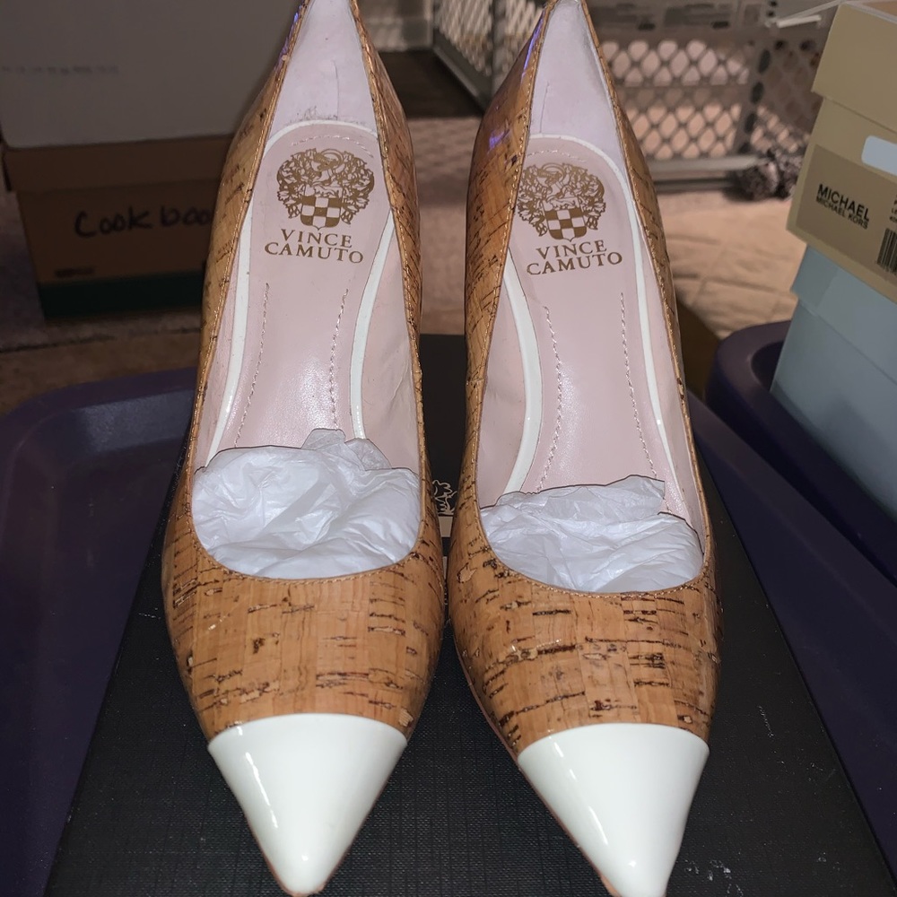 Vince Camuto Corkscrew white tip stilettos
